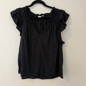 GAP Black Cotton Gauze Ruffle Flutter Sleeve V-Neck Blouse Top Womens Medium